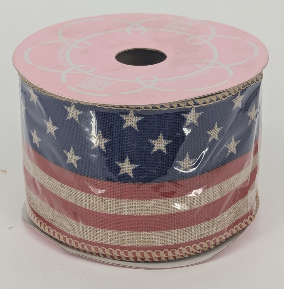 Linen Red Blue Flag Striped Star Wired Party Decorations Ribbon 2.5" 4 July 🇺🇸 - Picture 4 of 7